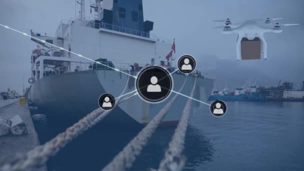 Gemi Insansız Hava Aracının Üzerindeki Simgelerle Bağlantı Ağının Animasyonu Küresel — Stok video