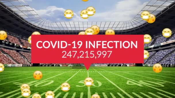 Animatie Van Covid19 Infectie Teller Zieke Emoji Rugby Stadion Medisch — Stockvideo