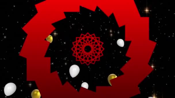 Анімація Червоного Візерунка Над Золотими Білими Кульками Літають Чорному Тлі — стокове відео