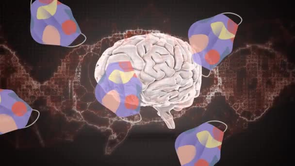 Animation Von Covid Zellen Mit Gesichtsmasken Über Dem Menschlichen Gehirn — Stockvideo
