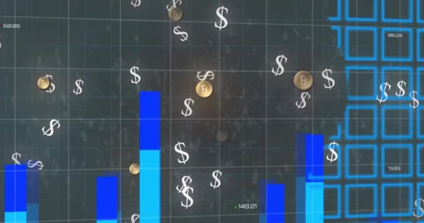 世界地図とアメリカドル記号と青い線の統計のアニメーション 世界中の金融 ビジネス デジタルインターフェース テクノロジーの概念がデジタルで生成され — ストック動画