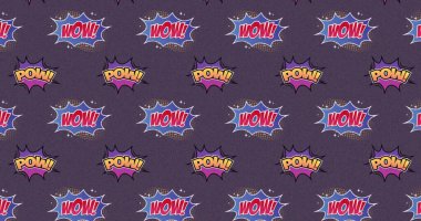 Pow 'la birden fazla klasik çizgi film konuşma baloncuğu görüntüsü! Vay canına! Mor arkaplan üzerine metin. Retro pop sanat oluşum kavramı dijital olarak oluşturuldu.
