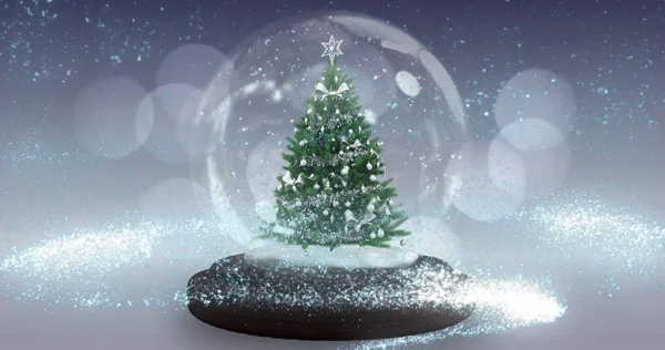 Εικόνα Από Χιονόμπαλα Χριστουγεννιάτικο Δέντρο Πεφταστέρι Και Κομφετί Πολλαπλές Κηλίδες — Φωτογραφία Αρχείου
