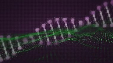 Dijital DNA iplikçiklerinin, siyah arkaplandaki yeşil noktaların çevresi üzerinde dönmesinin animasyonu. Doğa, değişim, tıbbi araştırma ve enerji konsepti dijital olarak oluşturulmuş video.