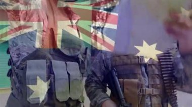 Eğitim kampında harita okuyan iki askere karşı yeni Zelanda bayrağı sallamanın dijital bileşimi. asker ordusu ve vatanseverlik kavramı