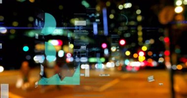 Şehir manzarası üzerinde istatistik işleme animasyonu. business, data işleme, bağlantı, teknoloji ve dijital arayüz kavramı dijital olarak oluşturulmuş video.