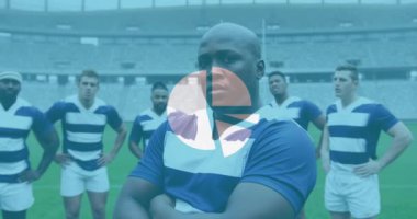 Ragbi oyuncularının istatistiklerinin animasyonu. global spor, teknoloji, dijital arayüz ve bağlantılar konsepti dijital olarak oluşturulmuş video.