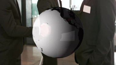 İş adamı tokalaşması üzerine dünya animasyonu. işletme, başarı, bağlantı, teknoloji ve dijital arayüz kavramı dijital olarak oluşturulmuş video.
