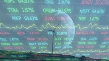 Rüzgar türbini üzerinde finansal veri işleme animasyonu. küresel çevre, ekoloji, finans, iş dünyası, dijital arayüz ve teknoloji konsepti dijital olarak oluşturulmuş video.