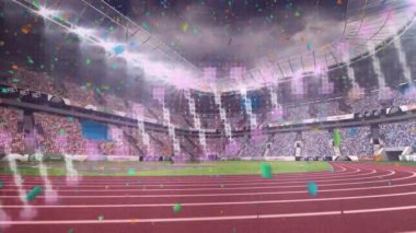 Spor stadyumunda dönen DNA ipliği ve konfeti animasyonu. Tıbbi araştırma teknolojisi ve spor konsepti dijital olarak üretilen animasyon.