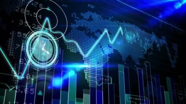 Koyu arkaplandaki saat ve istatistik işlemlerinin animasyonu. business, data işleme, bağlantı, teknoloji ve dijital arayüz kavramı dijital olarak oluşturulmuş video.