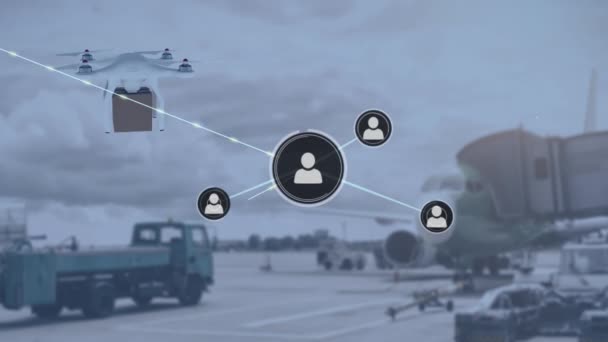 动画网络的连接图标在无人机运载包裹 全球航运 技术和数字接口概念 — 图库视频影像