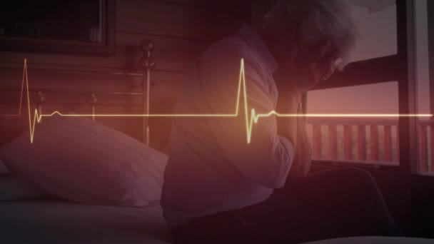 Animation Glowing Orange Heart Rate Monitor Data Depressed Senior Woman — Stock Video