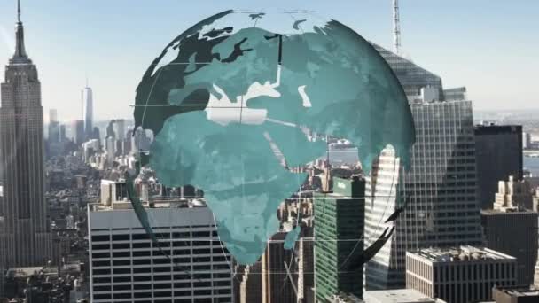 Şehrin Üzerinde Dönen Dünyanın Animasyonu Bağlantı Teknoloji Dijital Arayüz Konsepti — Stok video