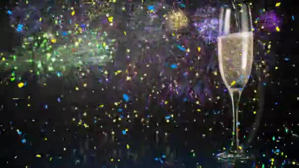 Animazione Con Coriandoli Colorati Fuochi Artificio Bicchiere Champagne Nero Celebrazione — Video Stock