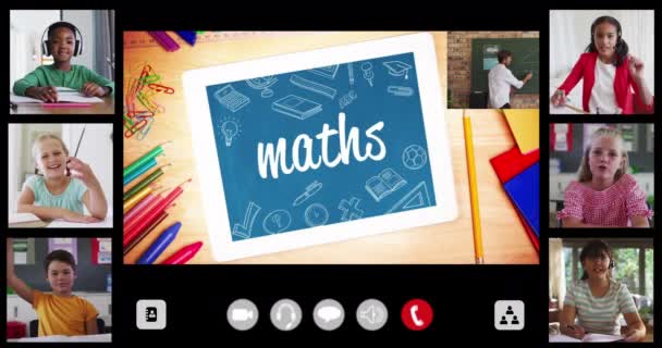 Animación Pantalla Interfaz Con Texto Matemáticas Profesor Seis Niños Diversos — Vídeo de stock