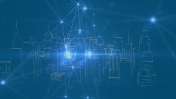 Animatie Van Netwerken Van Verbindingen Stad Tekening Blauwe Achtergrond Wereldwijde — Stockvideo