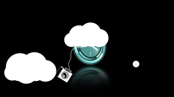 Animation White Clouds Hanging Media Icons Clock Moving Hands Black — Stock Video