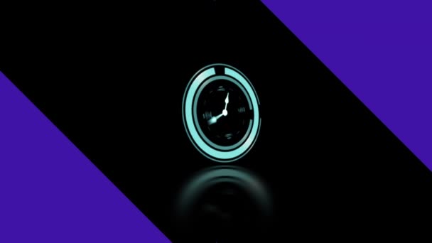 黒の背景に回転手で紫色の長方形と時計のアニメーション 地球規模の通信技術とデジタルデータ共有の概念デジタル生成されたビデオ — ストック動画