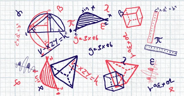 Image Plusieurs Équations Mathématiques Rouge Bleu Dessinée Page Carnet Carré — Photo