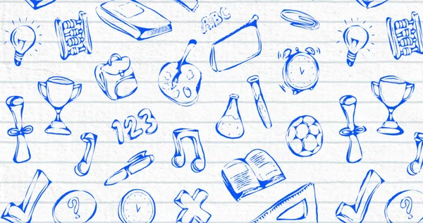 Imagen Múltiples Iconos Escolares Azul Dibujado Página Cuaderno Forrado Fondo —  Fotos de Stock