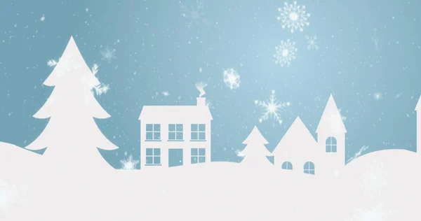 Image Winter Scenery Snow Covered Landscape Snow Falling House Trees — Stock Photo, Image