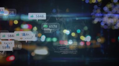 Gece boyunca Bokeh ile sosyal medya simgeleriyle bağlantı ağının animasyonu. bağlantı, teknoloji ve dijital arayüz kavramı dijital olarak oluşturulmuş video.