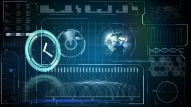 Koyu arkaplandaki saat ve istatistik işlemlerinin animasyonu. business, data işleme, bağlantı, teknoloji ve dijital arayüz kavramı dijital olarak oluşturulmuş video.
