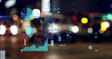 Şehir merkezinin dışında istatistik işleme animasyonu. business, data işleme, bağlantı, teknoloji ve dijital arayüz kavramı dijital olarak oluşturulmuş video.