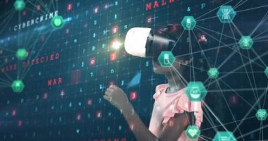 VR kulaklık takan ve veri işleme yapan bir kızın ikonlarıyla bağlantı ağının animasyonu. küresel veri işleme, dijital arayüz, teknoloji ve ağ konsepti dijital olarak oluşturuldu