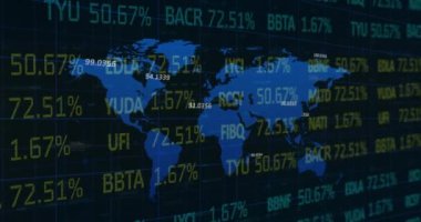 İstatistiklerin ve sayıların animasyonu, dünya haritası üzerinde finansal veri işleme. küresel finansman, iş dünyası, dijital arayüz ve teknoloji konsepti dijital olarak oluşturulmuş video.