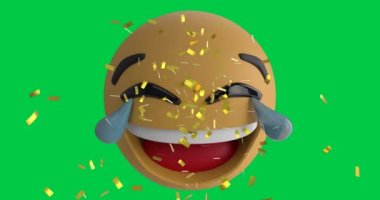 Yeşil ekran arka planında ağlayan emoji simgesinin üzerine düşen konfeti animasyonu. küresel sosyal medya, dijital arayüz, teknoloji ve ağ konsepti dijital olarak oluşturulmuş video. deneme
