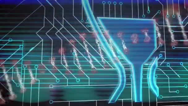 黒い背景にコンピュータ回路と砂時計のアイコン上で手を回す時計のアニメーション 地球規模の通信技術とデジタルネットワークの概念デジタル生成されたビデオ — ストック動画