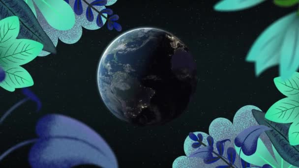 地球上の位置点を持つ葉や植物のフレームのアニメーション 世界規模の接続 デジタルインターフェース テクノロジーの概念デジタルで生成されたビデオ — ストック動画