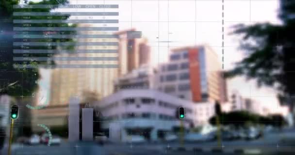 Animación Del Procesamiento Estadístico Sobre Paisaje Urbano Negocio Procesamiento Datos — Vídeos de Stock