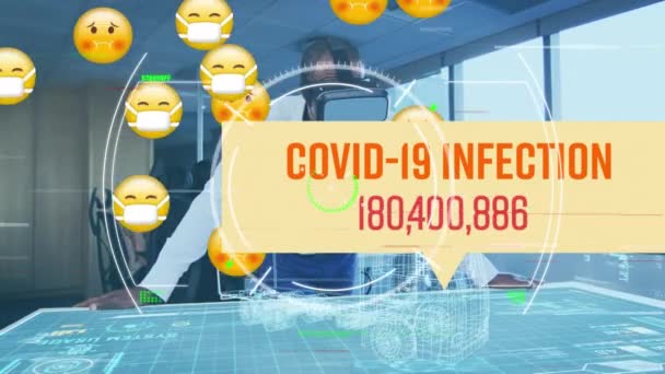 Animação Texto Covid Infecção Scanner Emojis Doente Sobre Homem Headset — Vídeo de Stock