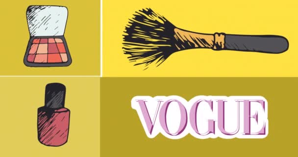Animatie Van Oogschaduw Palet Make Borstel Nagellak Vogue Tekst Gele — Stockvideo