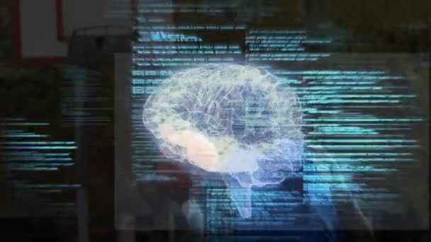 Animation Des Menschlichen Gehirns Spinning Und Datenverarbeitung Über Basketballspiel Globaler — Stockvideo