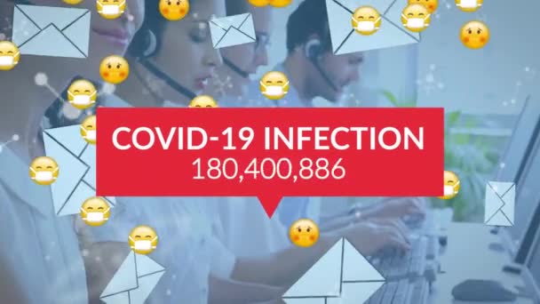 Animation Covid Data Processing Multiple Emojis Face Masks Global Covid — Stock Video