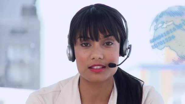 Animation Globe Connections Businesswoman Using Phone Headset Global Business Data — Stock Video