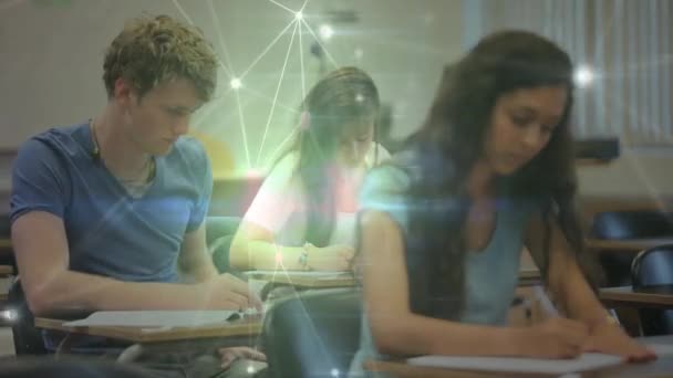 Animation Glowing Network Connections Moving Students Writing Classroom Global Communication — Stock Video
