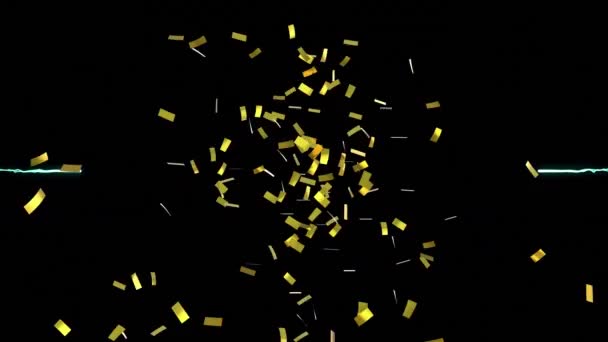 Animatie Van Goud Confetti Vallen Blauw Vuurwerk Exploderen Zwarte Achtergrond — Stockvideo