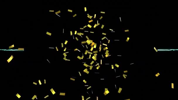 Animation Von Fallendem Goldkonfetti Und Explodierendem Blauem Feuerwerk Auf Schwarzem — Stockvideo