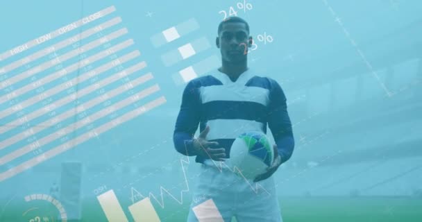 Animation Von Statistiken Über Rugby Spieler Globaler Sport Technologie Digitale — Stockvideo