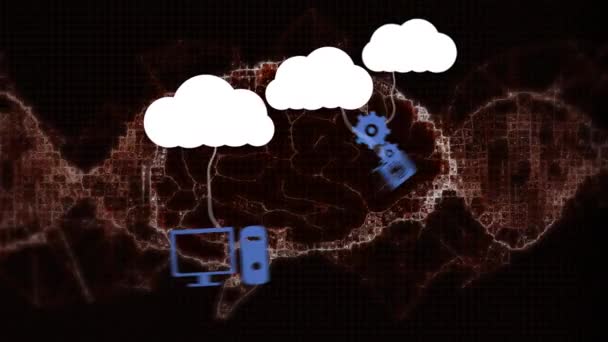 Animation Weißer Wolken Mit Hängenden Blauen Mediensymbolen Über Dem Gehirn — Stockvideo