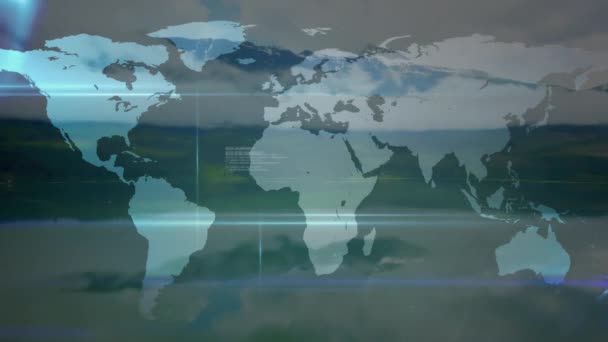 Animacja Sieci Połączeń Ikonami Mapa Świata Nad Krajobrazem Globalne Połączenia — Wideo stockowe