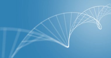 Mavi arkaplanda dönen parçacıklarla oluşan 3d beyaz DNA ipliği. Küresel tıp genetik kavramı dijital olarak oluşturulmuş görüntü.
