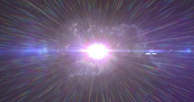 Parlayan ışınların ve hipnotik hareketlerle hareket eden ışığın görüntüsü. Geceleri gökyüzündeki duman bulutları. Işık rengi ve hareket kavramı dijital olarak oluşturuldu.