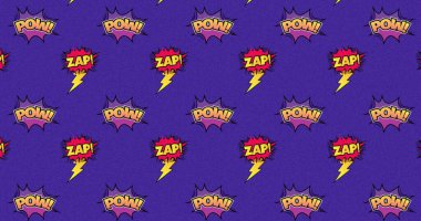 Pow 'la birden fazla klasik çizgi film konuşma baloncuğu görüntüsü! Ve zap! Mor arkaplan üzerine metin. Retro pop sanat oluşum kavramı dijital olarak oluşturuldu.