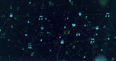 Mavi arkaplandaki dijital ışıldayan simgelerle bağlantı ağının resmi. Dijital arayüz küresel bilgisayar ağı konsepti dijital olarak oluşturuldu.